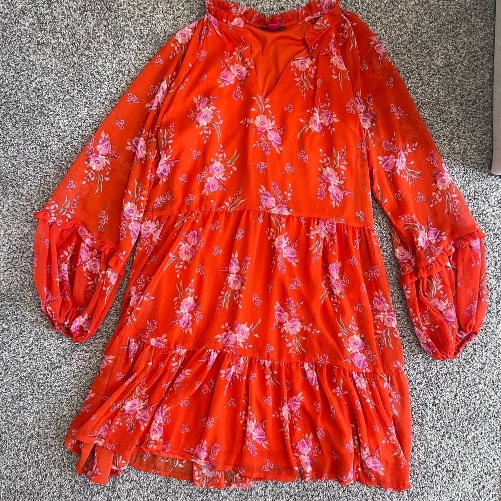 Women’s Vince Camuto Orange Full Sleeve Floral Print Knee Length Dress In Size S